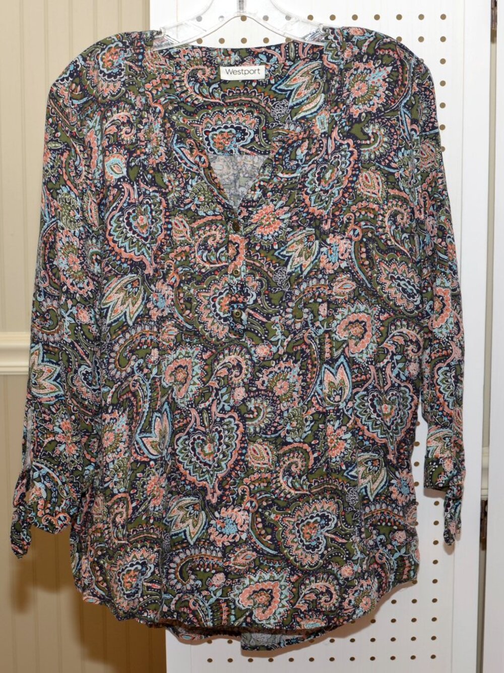 Westport Large Boho Paisley V-Neck Button Blouse - Tie-Cuff Sleeves, Pleated